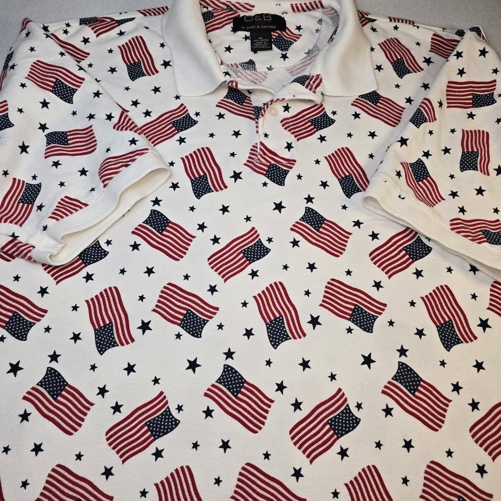 C&B Sport Men XL Vintage‎ USA Flag Polo Shirt Patriotic Americana Stars All Over